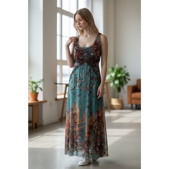 John Paul Gaultier Soleil Maxi Dress M Floral Birds Mesh Sleeveless Smocked Y2K - Picture 14 of 16